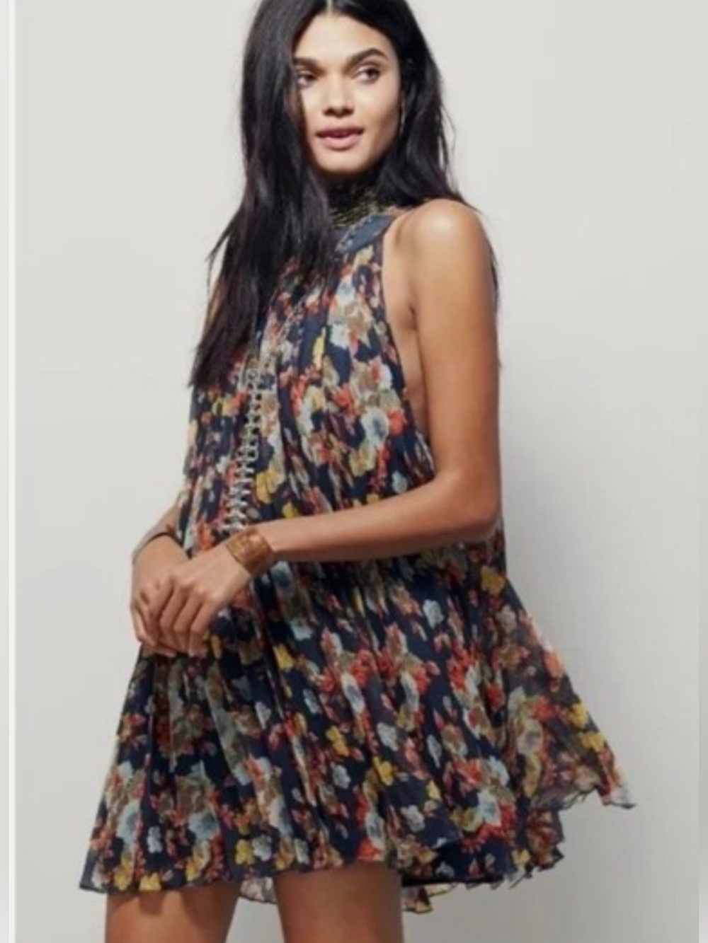 Free People Floral Pleated Chiffon Halter Swing Mini Dress Boho Size XS